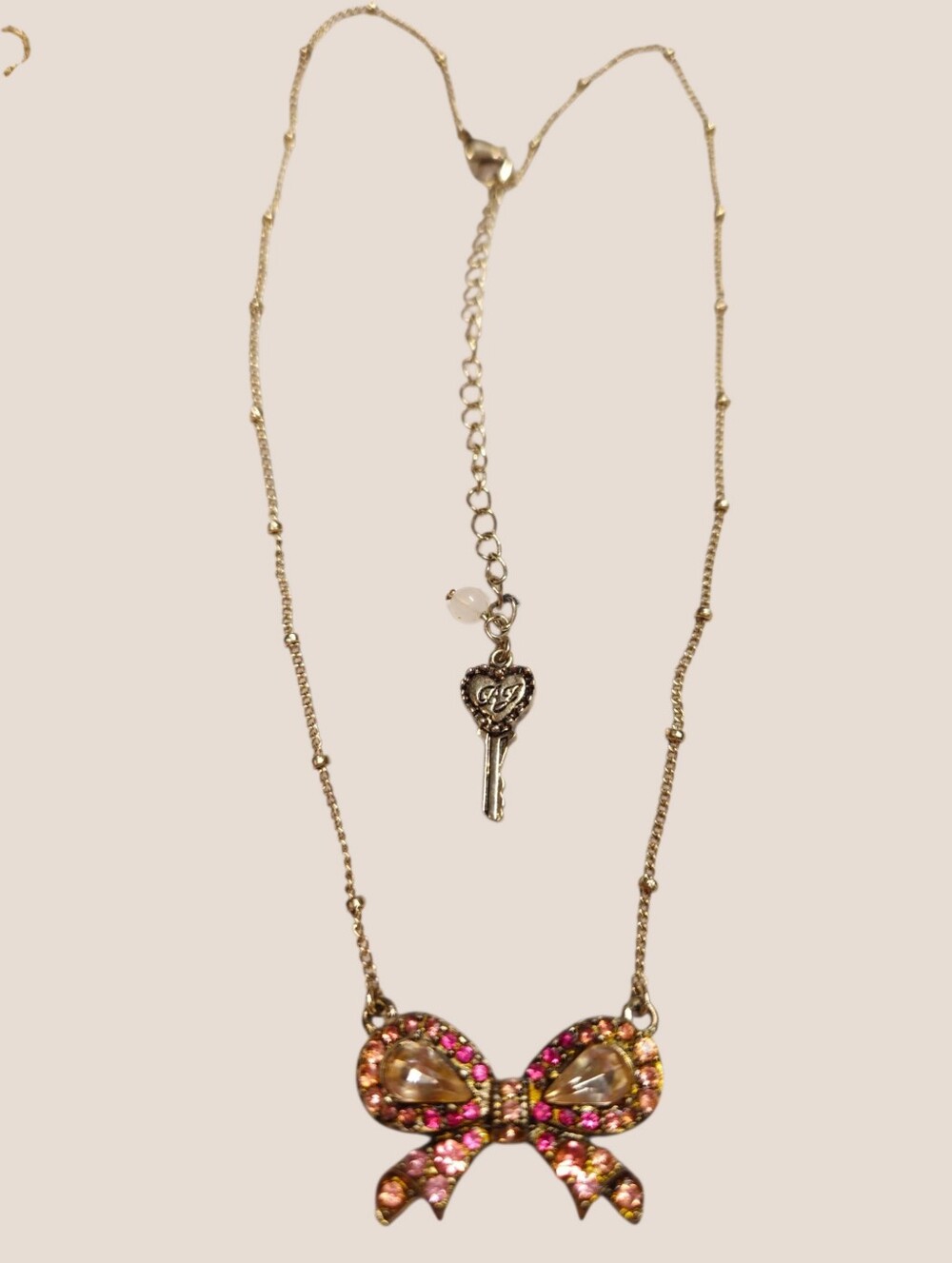 🎀Betsey Vintage Signature Key Tag Ombré Pink Pavé Rhinestone Necklace - EPC